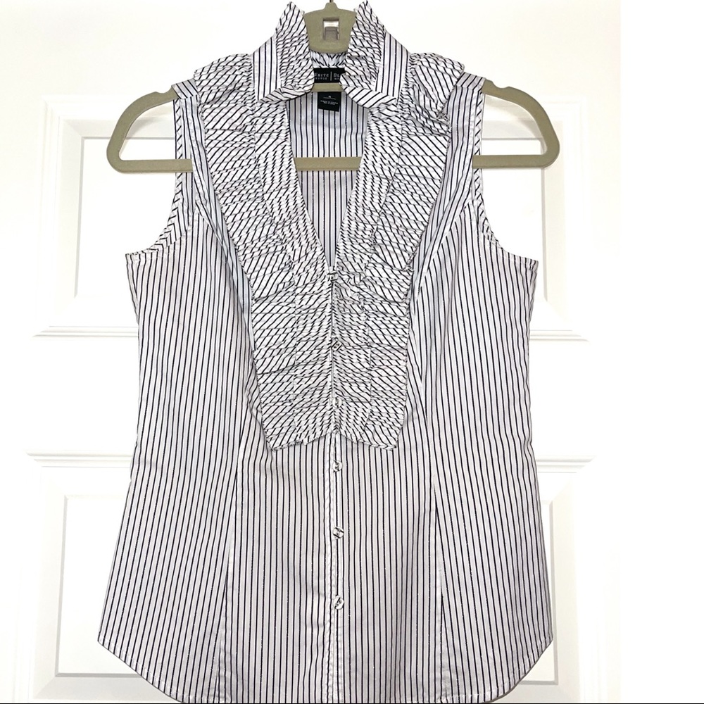 White House Black Market sleeveless ruffle-front blouse. Size 4.